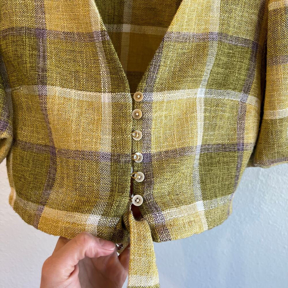LA'VEN Los Angeles Green Plaid Button Tie Puffed Sleeve Crop Top Size Small - Picture 4 of 11